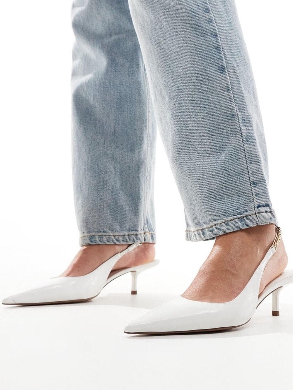 ASOS Design Sharp slingback chain detail kitten heel shoes in white